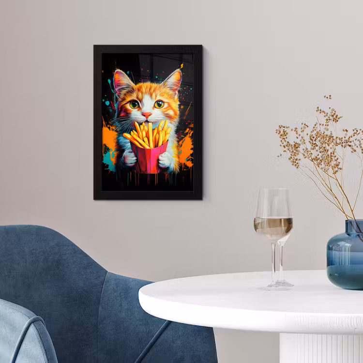Kat - Eten - Patat - Graffiti - Abstract fotolijst zwart zonder passe partout klein -sfeer4
