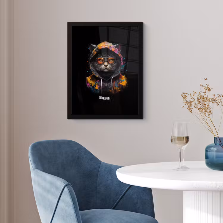 Kat met kleurrijk vest en oranje bril fotolijst zwart zonder passe partout klein -sfeer4