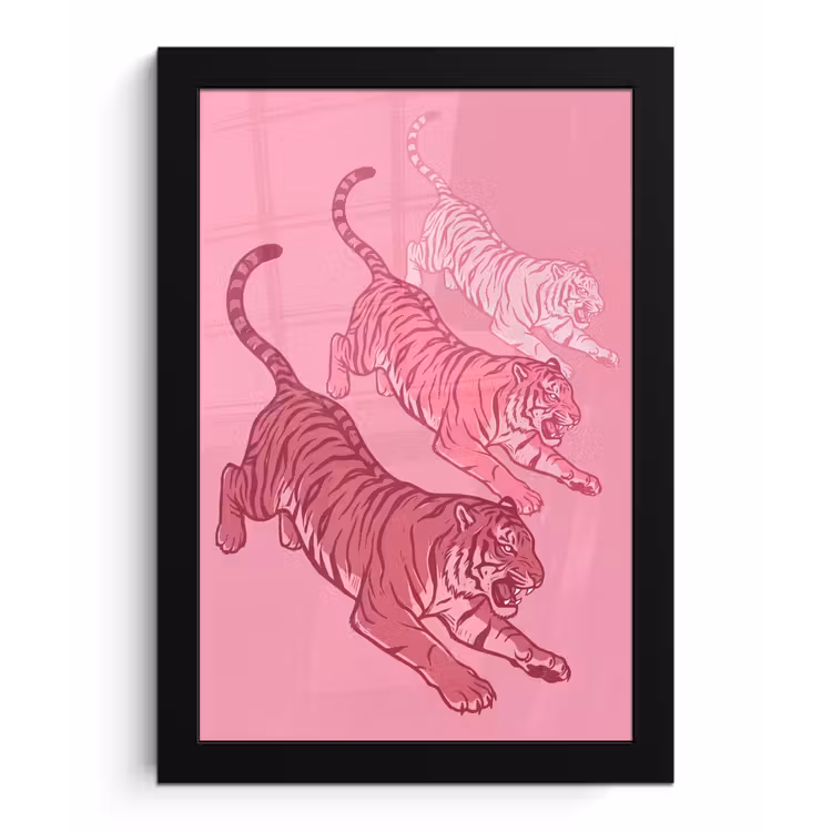 Kat - Springend - Dieren - Roze - Modern fotolijst zwart zonder passe partout klein -3d