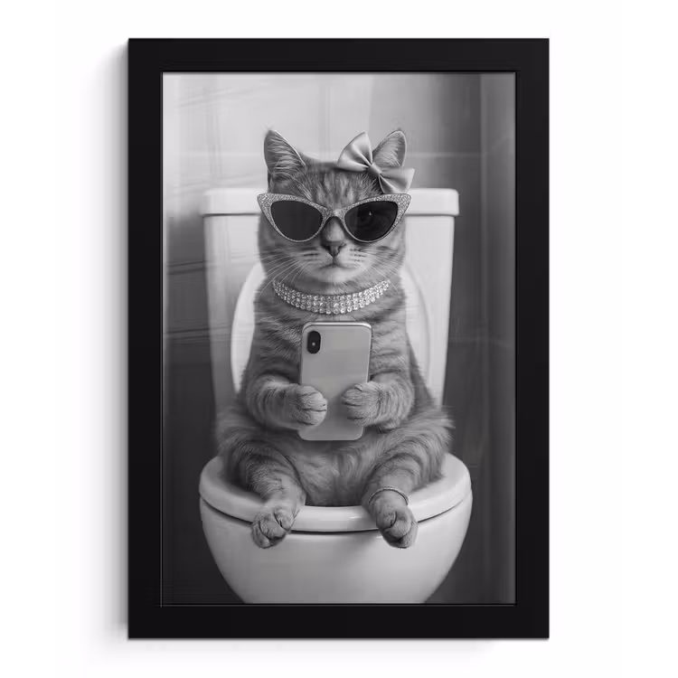 Kat - Telefoon - Toilet - Zwart - Wit fotolijst zwart zonder passe partout klein -3d