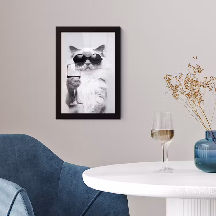 Kat - Zonnebril - Wijnglas - Langharig fotolijst zwart zonder passe partout klein -sfeer4