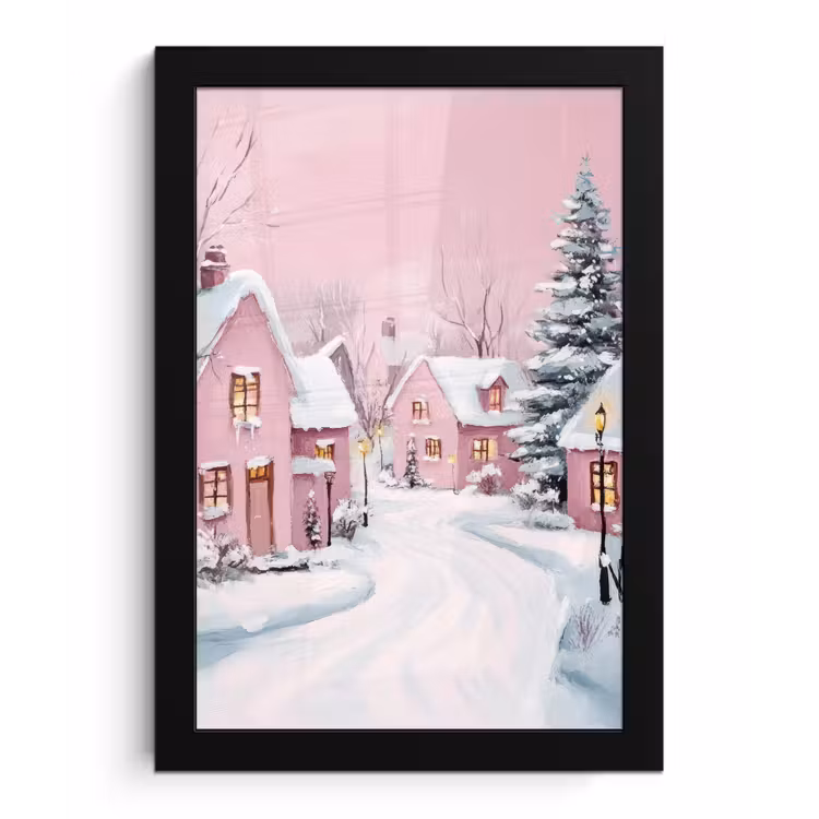 Kerstdorp - Roze - Winter - Sneeuw - Huizen fotolijst zwart zonder passe partout klein -3d