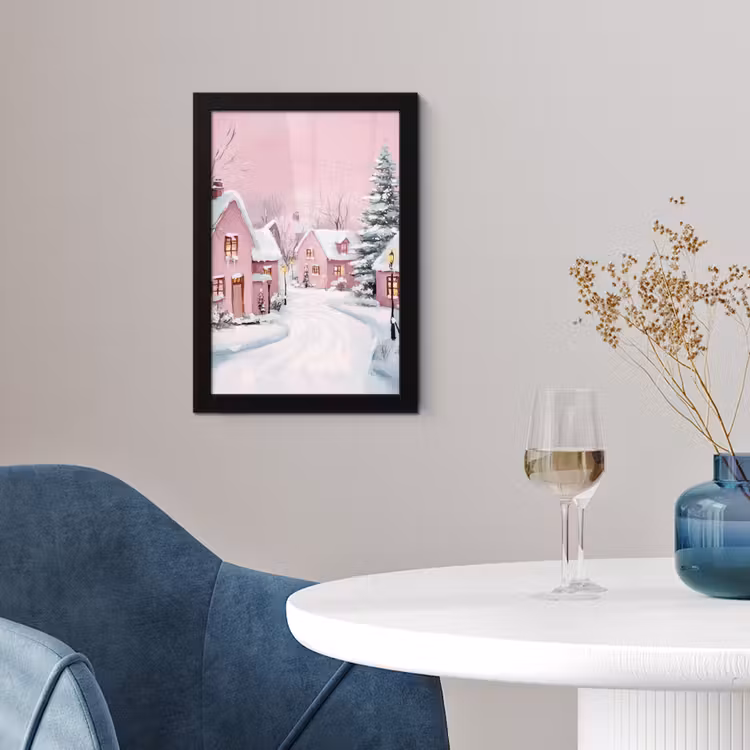 Kerstdorp - Roze - Winter - Sneeuw - Huizen fotolijst zwart zonder passe partout klein -sfeer4