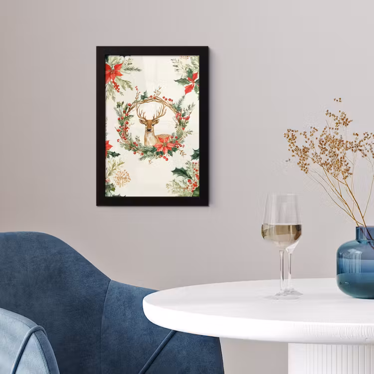 Kerstkrans - Hert - Hulst - Rood fotolijst zwart zonder passe partout klein -sfeer4