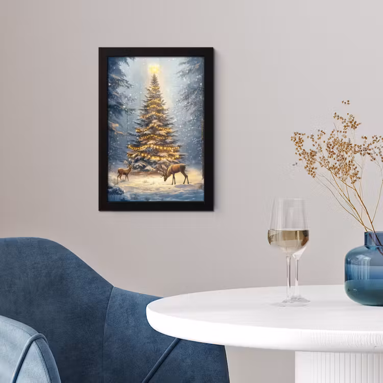 Kerstlicht - Woud - Hert - Donker fotolijst zwart zonder passe partout klein -sfeer4