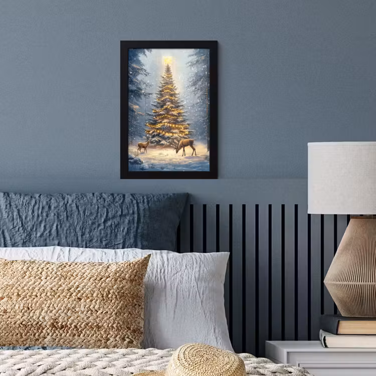Kerstlicht - Woud - Hert - Donker fotolijst zwart zonder passe partout klein -sfeer3