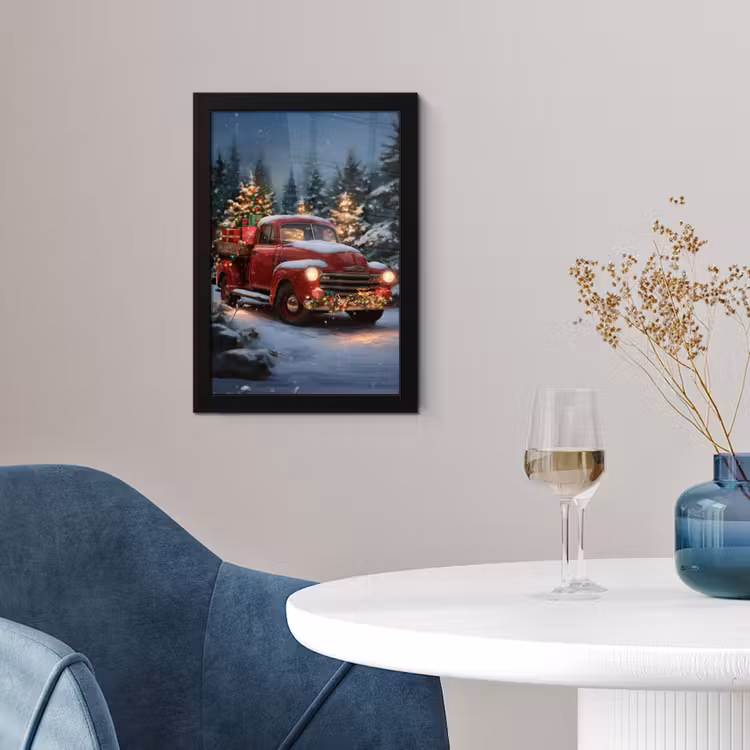 Kersttruck - Sneeuwbos - Rood fotolijst zwart zonder passe partout klein -sfeer4