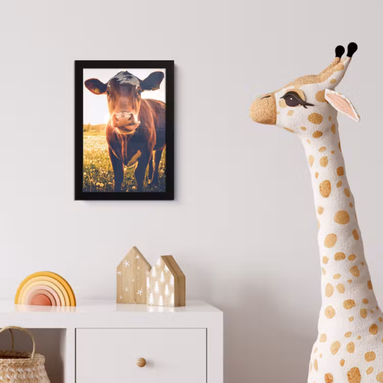 Koe - Zonsondergang - Bloemen - Gras - Dieren fotolijst zwart zonder passe partout klein -usfeer4_kinderkamer