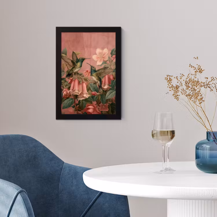 Kolibries - Bloemen - Groen - Roze fotolijst zwart zonder passe partout klein -sfeer4