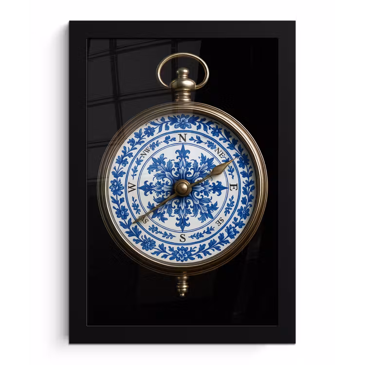 Kompas - Delfts blauw - Zwart fotolijst zwart zonder passe partout klein -3d