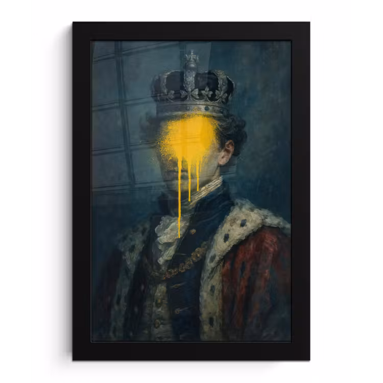 Koning - Portret - Druipende gele verf fotolijst zwart zonder passe partout klein -3d