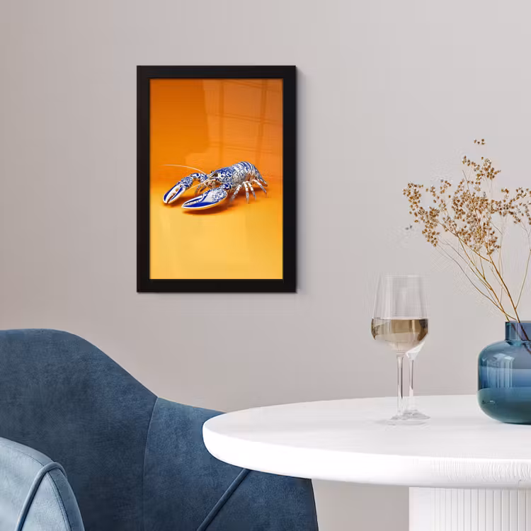 Kreeft - Delftsblauw - Schild - Stoer - Oranje fotolijst zwart zonder passe partout klein -sfeer4