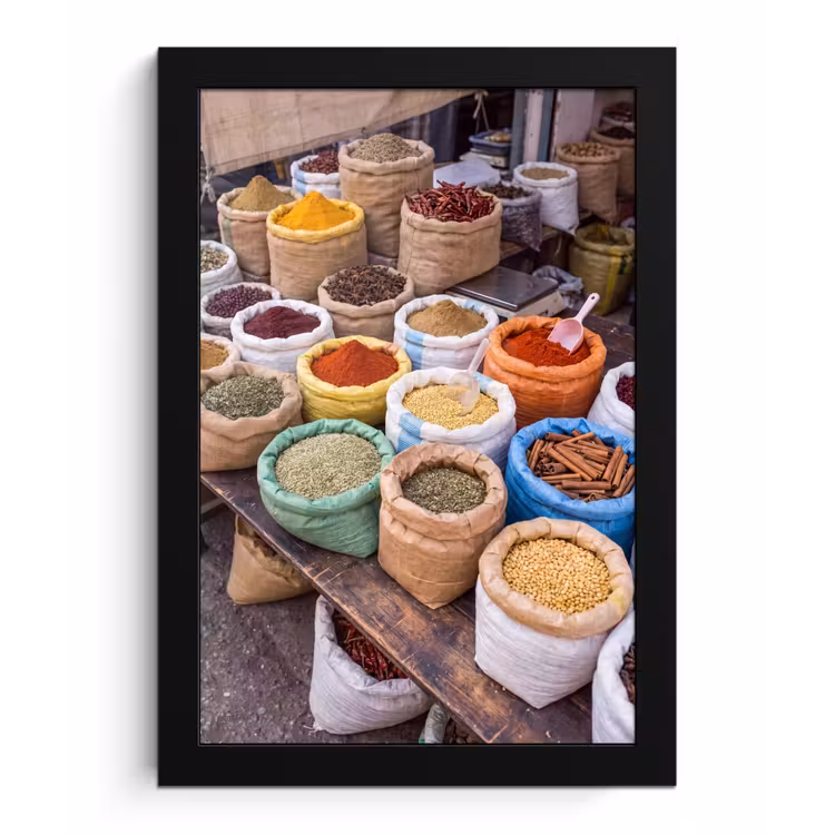 Poster met lijst - Kruiden - Zakken - Markt - Kruiden - Zakken - Markt fotolijst zwart zonder passe partout klein
