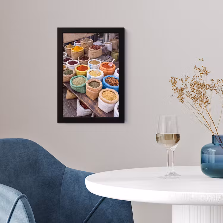 Poster met lijst - Kruiden - Zakken - Markt - Kruiden - Zakken - Markt fotolijst zwart zonder passe partout klein