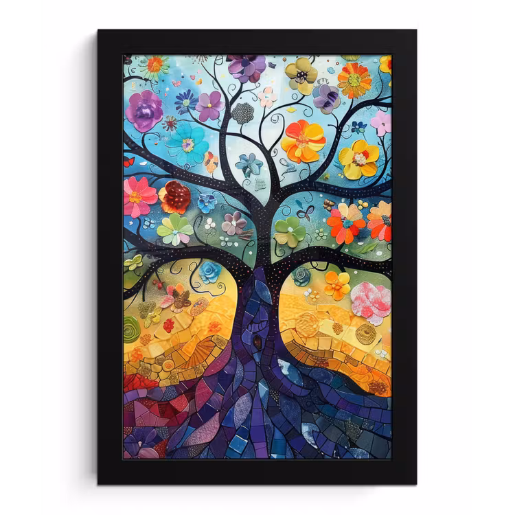 Kunst - Levensboom - Bloemen - Hippie fotolijst zwart zonder passe partout klein -3d