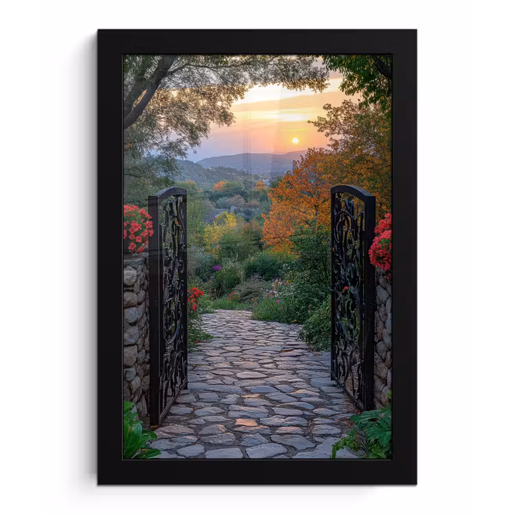 Landschap - Hek - Pad - Zonsondergang - Natuur fotolijst zwart zonder passe partout klein -3d