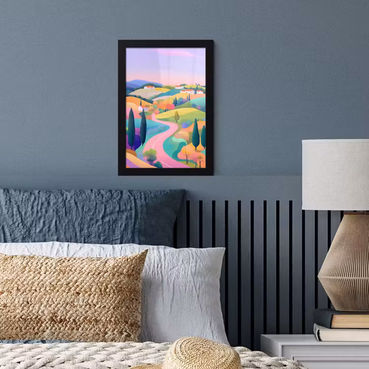 Landschap - Paars - Pastel - Huizen fotolijst zwart zonder passe partout klein -sfeer3
