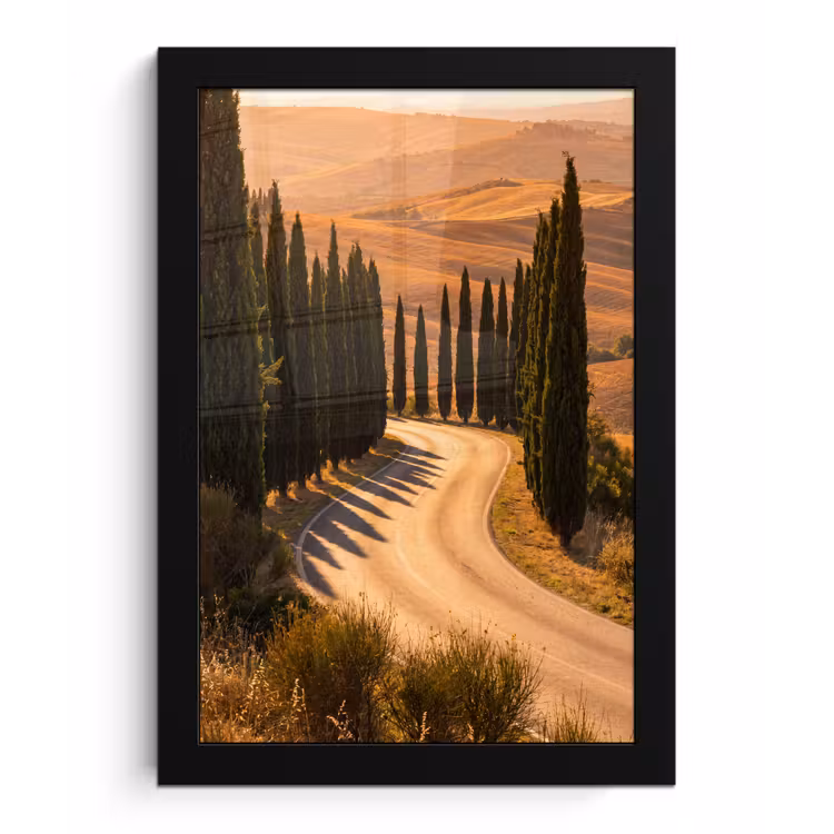 Landschap - Weg - Bomen - Natuur - Goud fotolijst zwart zonder passe partout klein -3d