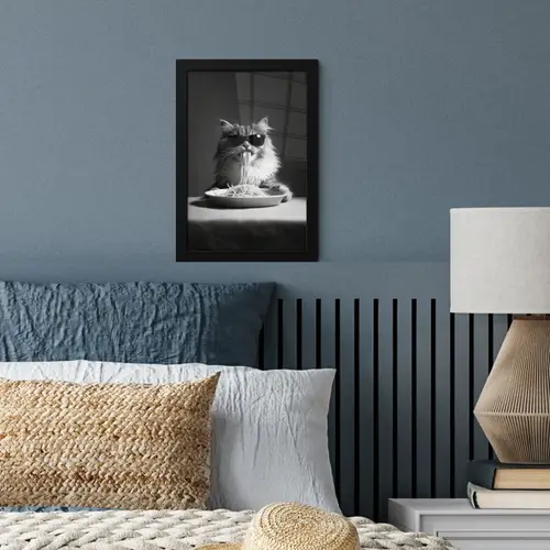 Langharige kat - Zonnebril - Spaghetti - Humor - Zwart - wit fotolijst zwart zonder passe partout klein -sfeer3