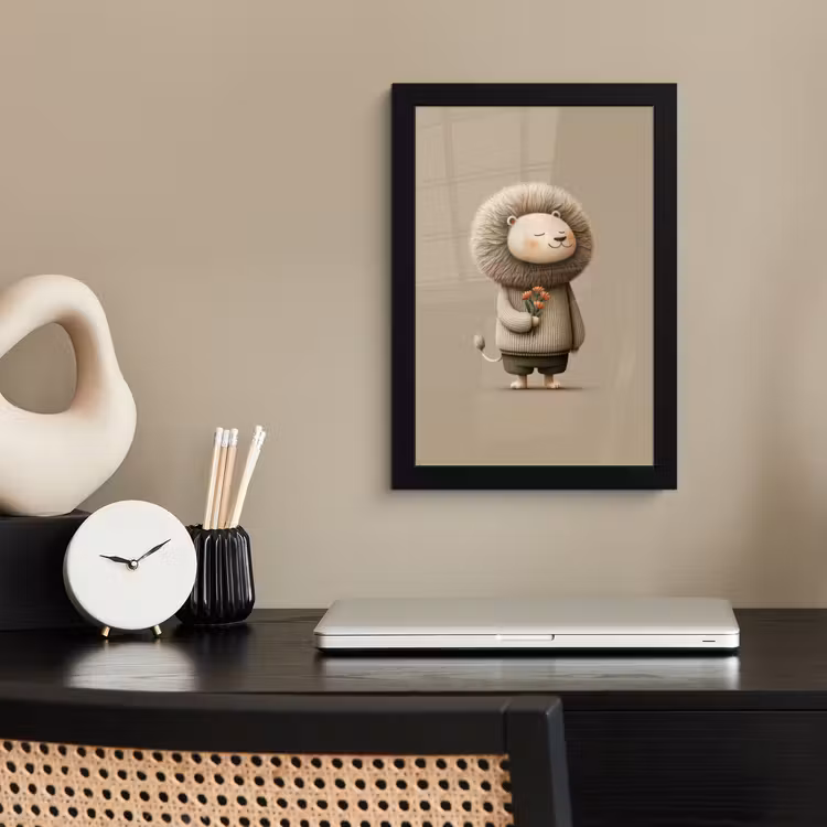 Leeuw - Oranje bloemen - Vriendelijk fotolijst zwart zonder passe partout klein -sfeer1