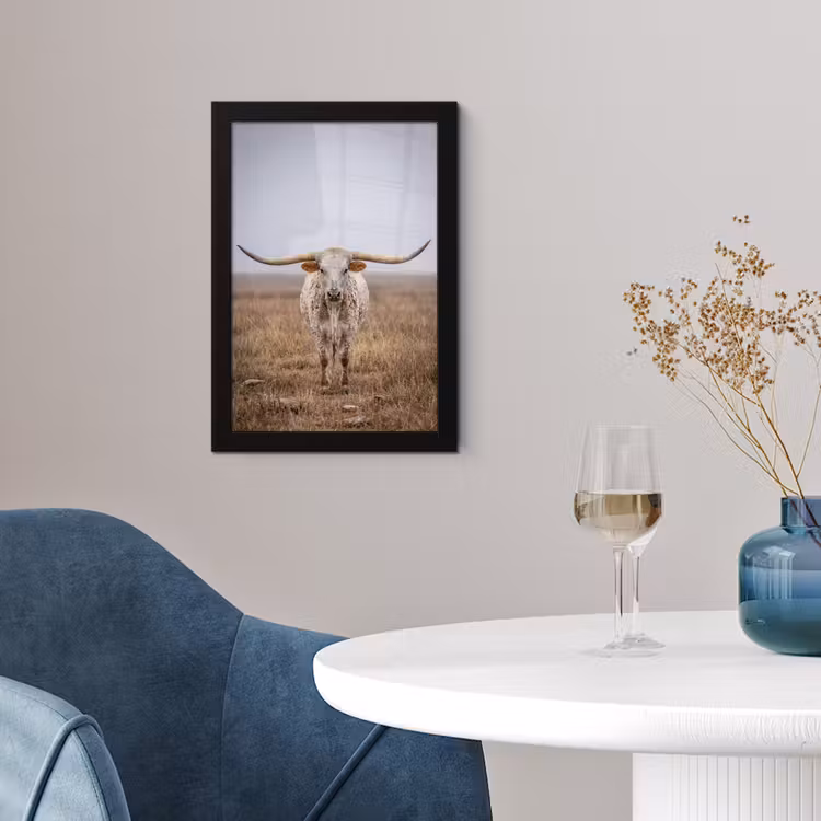 Longhorn - Grasveld - Dier fotolijst zwart zonder passe partout klein -sfeer4