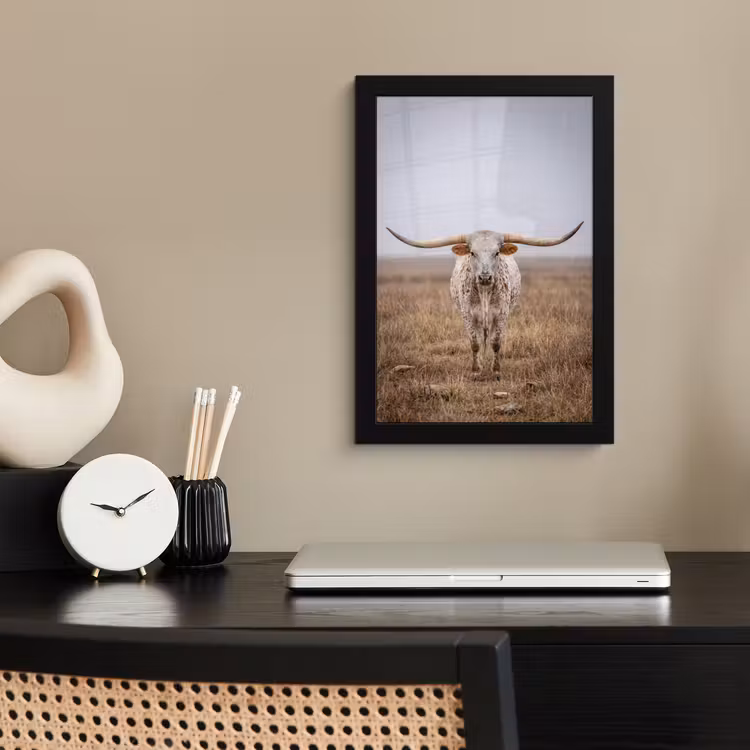 Longhorn - Grasveld - Dier fotolijst zwart zonder passe partout klein -sfeer1