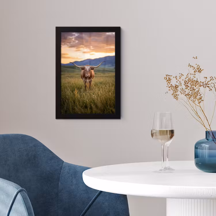 Longhorn - Landschap - Zonsondergang fotolijst zwart zonder passe partout klein -sfeer4