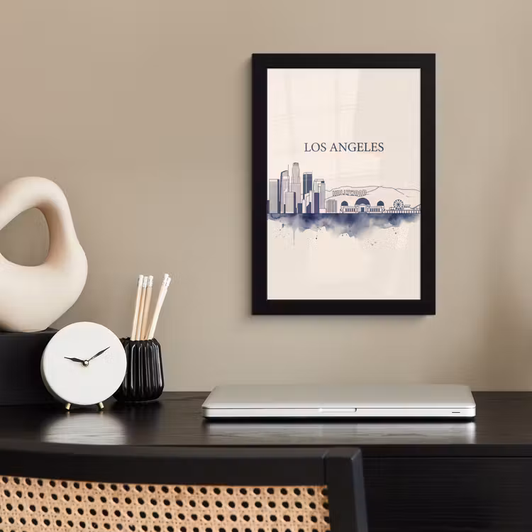 Los Angeles - Skyline - Architectuur - Aquarel - Blauw fotolijst zwart zonder passe partout klein -sfeer1