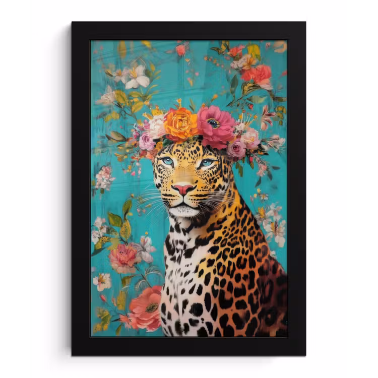 Luipaard - Bloemen - Kroon fotolijst zwart zonder passe partout klein -3d