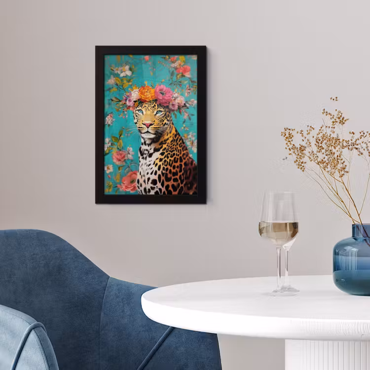 Luipaard - Bloemen - Kroon fotolijst zwart zonder passe partout klein -sfeer4