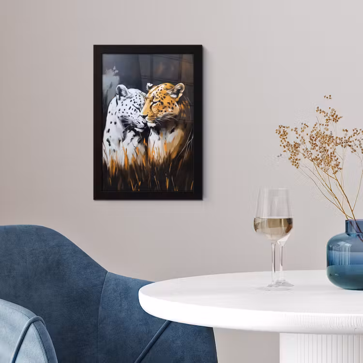 Luipaard - Oranje - Wit - Gras fotolijst zwart zonder passe partout klein -sfeer4