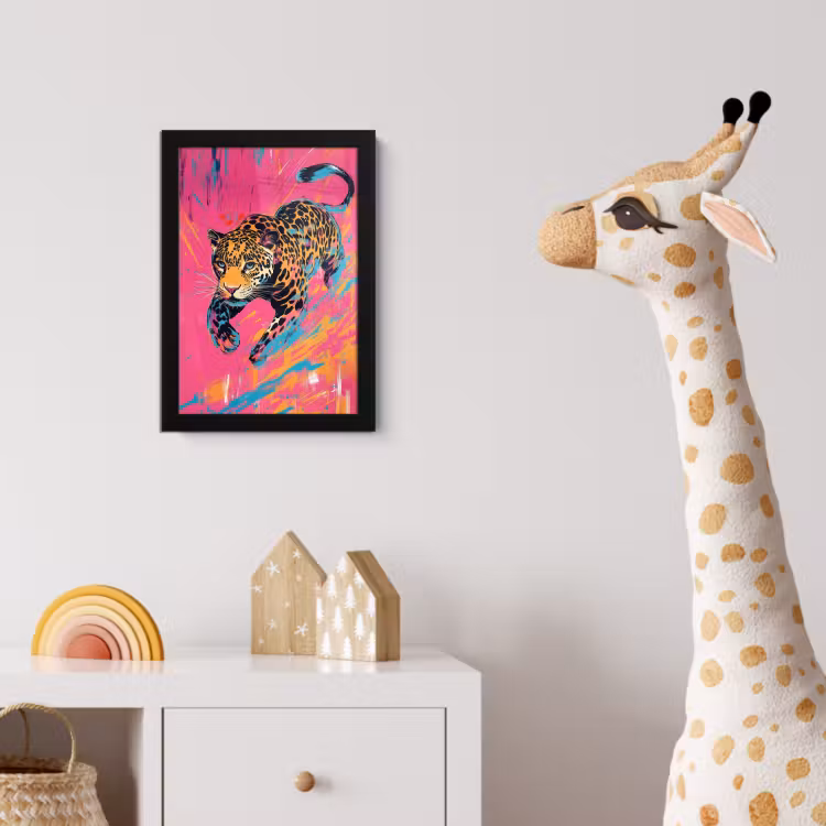 Luipaard - Roze - Oranje - Blauw - Verf fotolijst zwart zonder passe partout klein -usfeer4_kinderkamer
