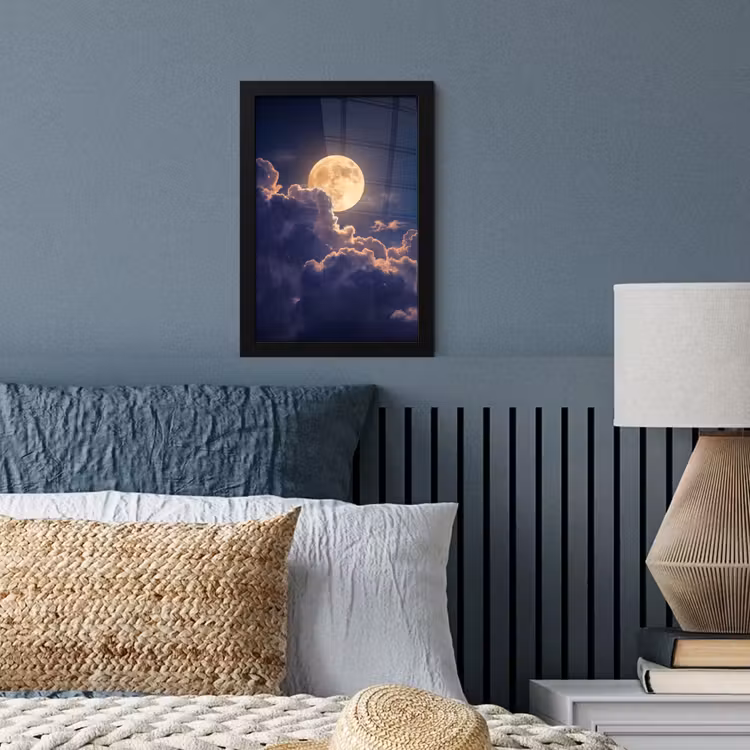Maan - Wolken - Nacht - Oranje fotolijst zwart zonder passe partout klein -sfeer3