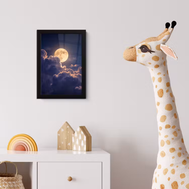 Maan - Wolken - Nacht - Oranje fotolijst zwart zonder passe partout klein -usfeer4_kinderkamer