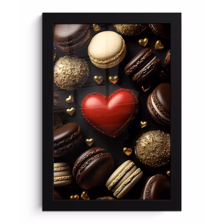 Macarons - Rood - Hart fotolijst zwart zonder passe partout klein -3d