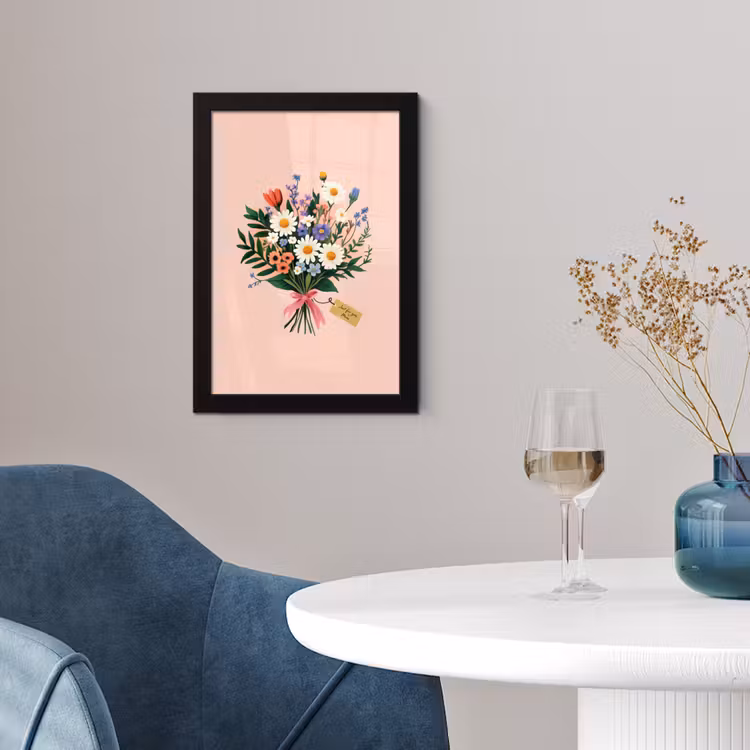 Margrieten - Boeket - Strikje - Roze fotolijst zwart zonder passe partout klein -sfeer4