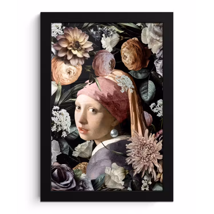 Meisje met de parel - Bloemen - Vermeer - Pastel - Kunstwerk - Schilderij - Oude meesters fotolijst zwart zonder passe partout klein -3d