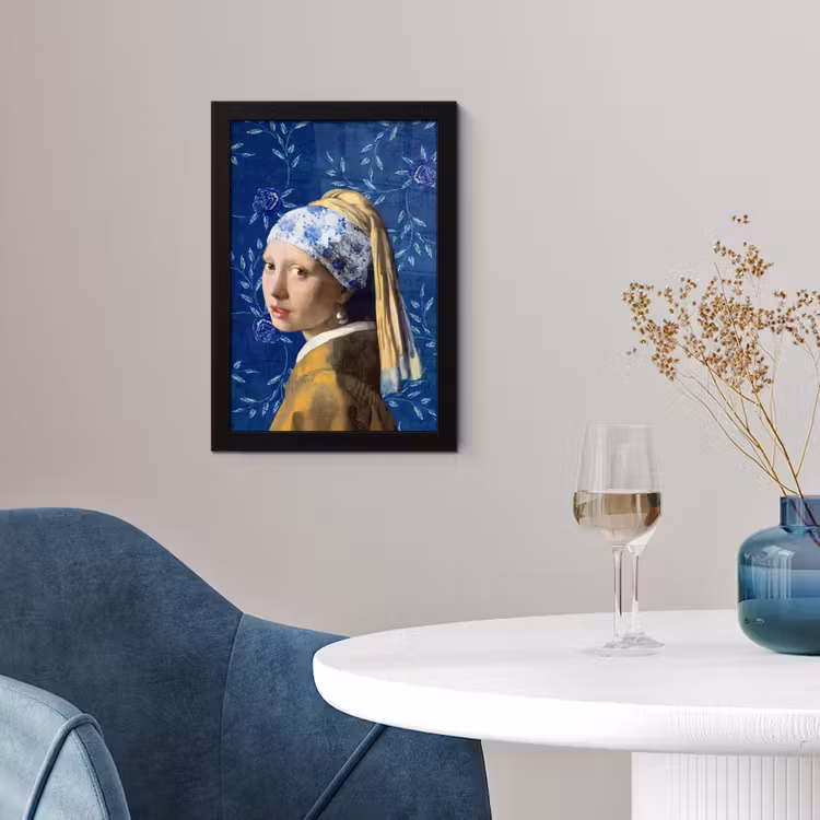 Meisje met de parel - Delfts blauw - Vermeer - Bloemen - Schilderij - Oude meesters fotolijst zwart zonder passe partout klein -sfeer4
