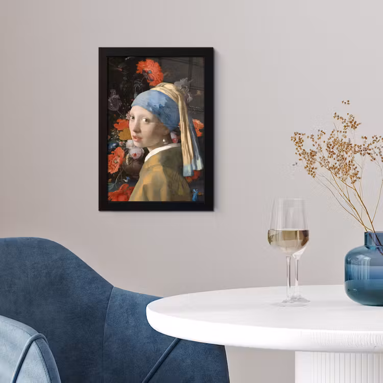 Meisje met de parel - Johannes Vermeer - Bloemen fotolijst zwart zonder passe partout klein -sfeer4