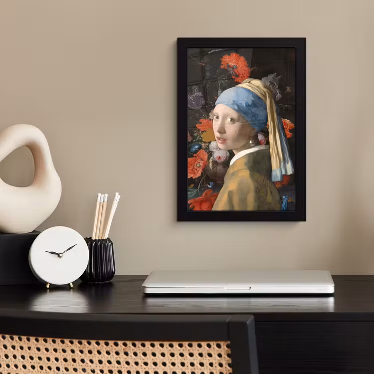 Meisje met de parel - Johannes Vermeer - Bloemen fotolijst zwart zonder passe partout klein -sfeer1