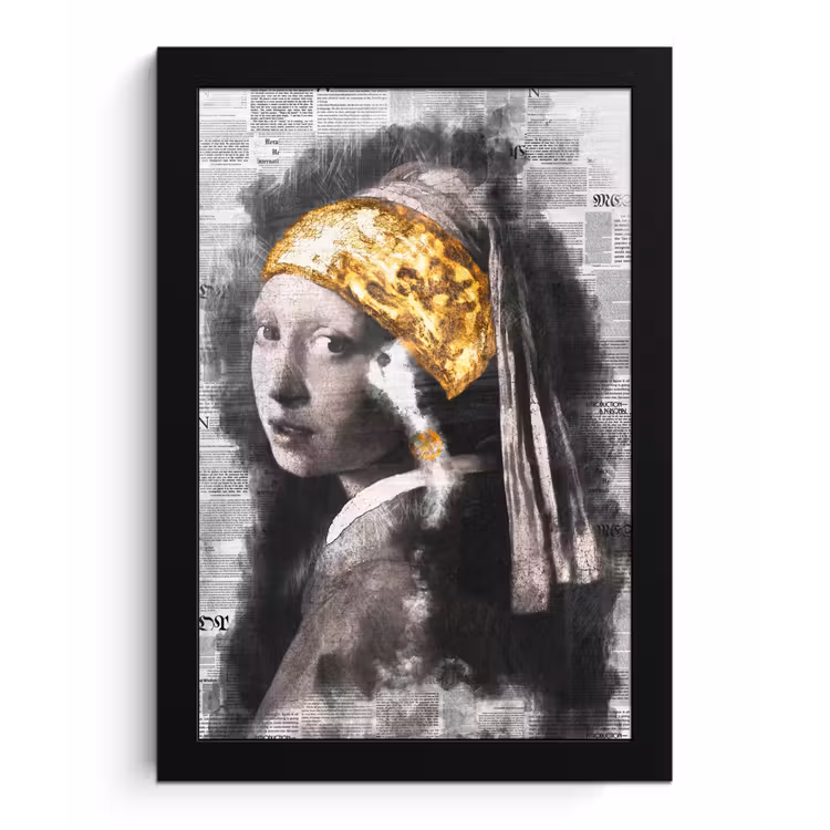 Meisje met de parel - Johannes Vermeer - Krant - Goud fotolijst zwart zonder passe partout klein -3d