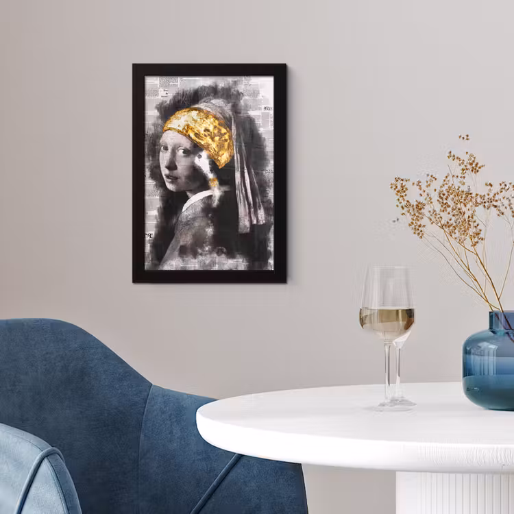 Meisje met de parel - Johannes Vermeer - Krant - Goud fotolijst zwart zonder passe partout klein -sfeer4