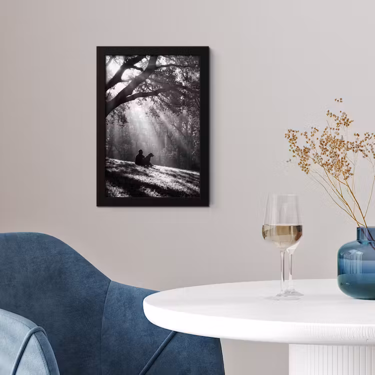 Mens - Hond - Natuur - Zwart-wit - Silhouet fotolijst zwart zonder passe partout klein -sfeer4