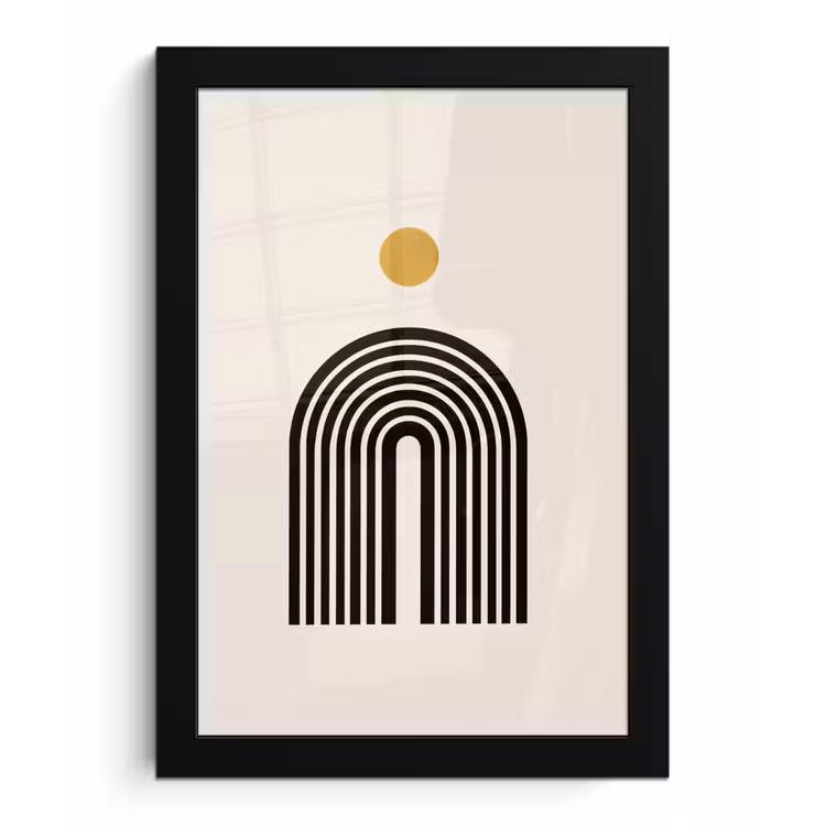 Minimalistisch - Zwarte boog - Gouden cirkel fotolijst zwart zonder passe partout klein -3d