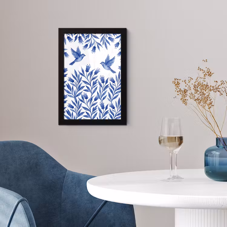 Modern - Vogels - Delfts - Blauw fotolijst zwart zonder passe partout klein -sfeer4
