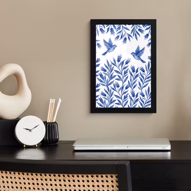 Modern - Vogels - Delfts - Blauw fotolijst zwart zonder passe partout klein -sfeer1