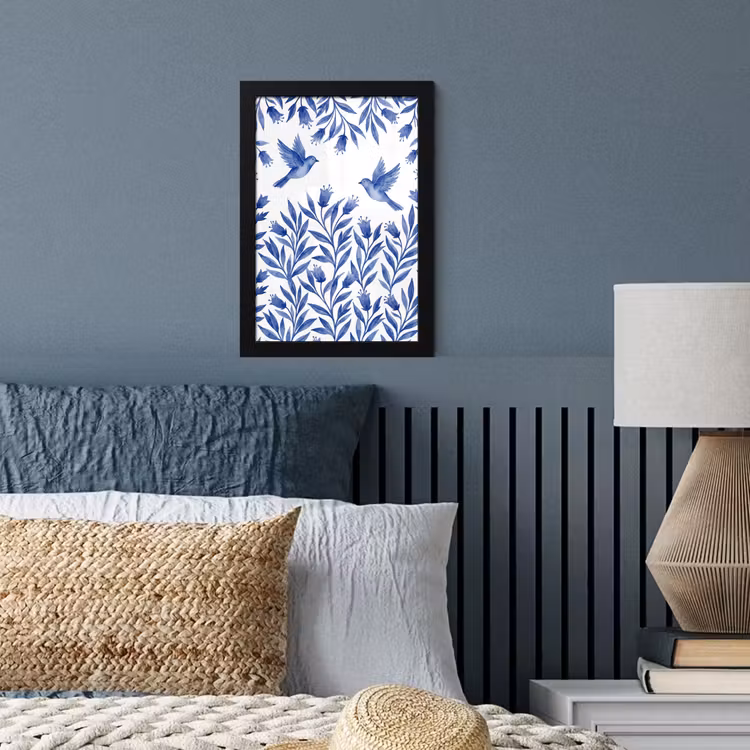 Modern - Vogels - Delfts - Blauw fotolijst zwart zonder passe partout klein -sfeer3