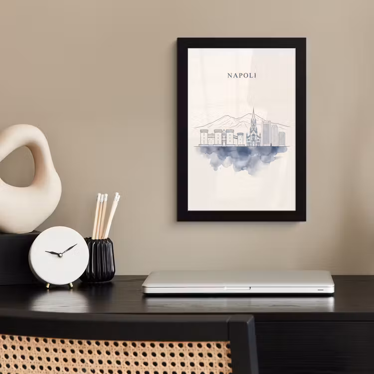 Napels - Skyline - Italie - Lijntekening - Aquarel fotolijst zwart zonder passe partout klein -sfeer1