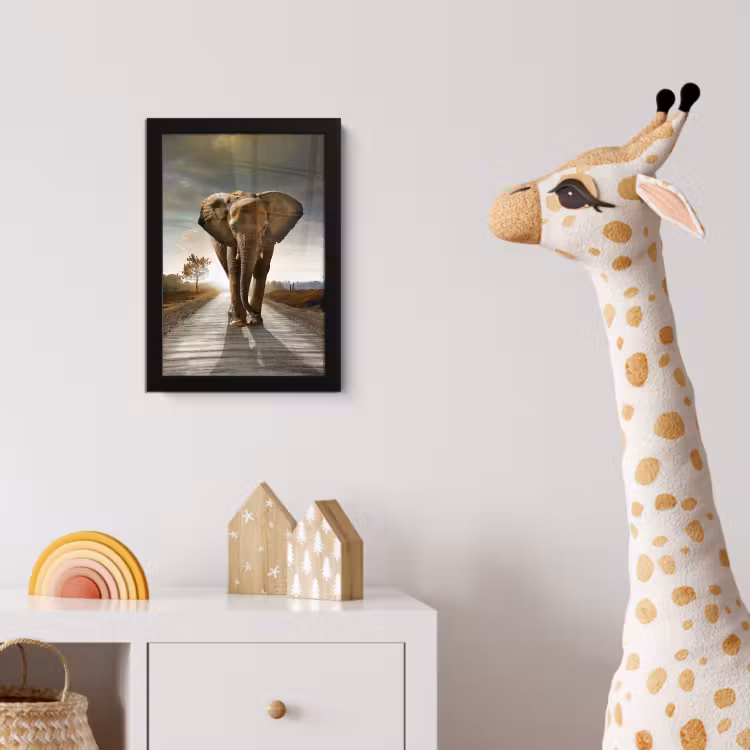 Olifant - Weg - Dieren - Zonsondergang - Landschap fotolijst zwart zonder passe partout klein -usfeer4_kinderkamer