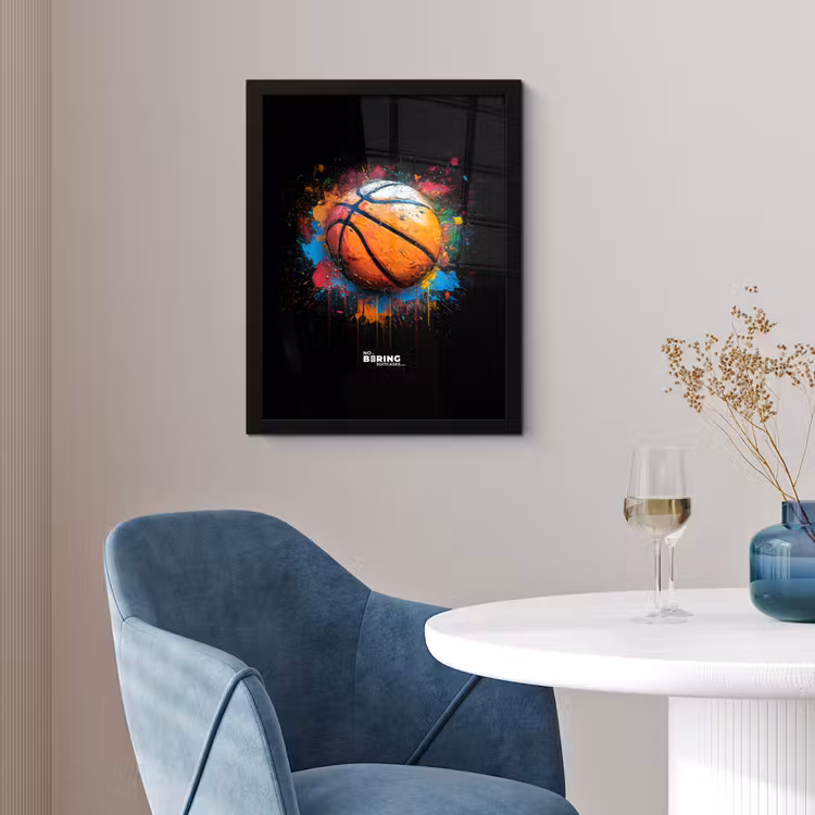 Oranje basketbal te midden van verfspetters fotolijst zwart zonder passe partout klein -sfeer4